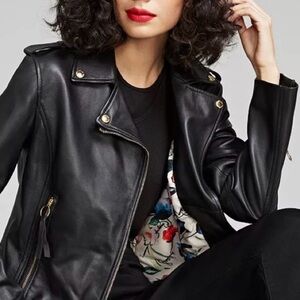 Sam Edelman Black Leather Jacket with Gold Accents